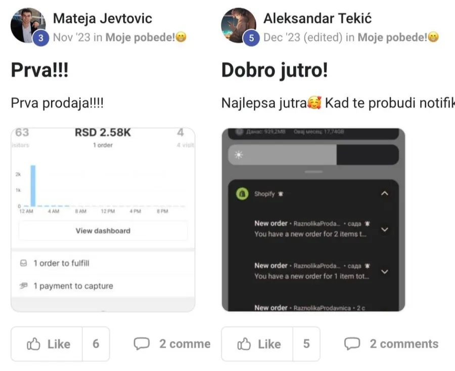 Objave članova u akademiji: prva prodaja i Shopify notifikacije